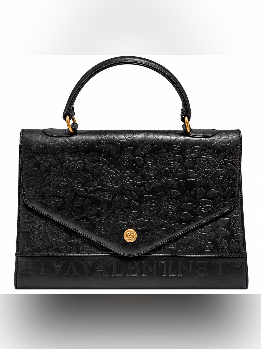 Vintage Valentino Garavani Les Sacs Black Rose Embossed Leather Top Handle Bag